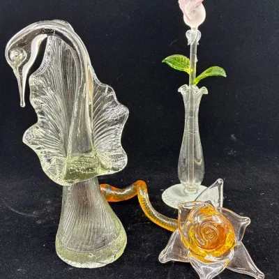 Vintage Hand-blown Glass Swan, Hand Crafted Hand Blown Glass Flowers (3pc Set) 
