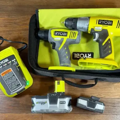 Ryobi Drill #HJP001, Driver #P205G, Battery Charger #CH120, 18v #P108 & 12v Batteries 