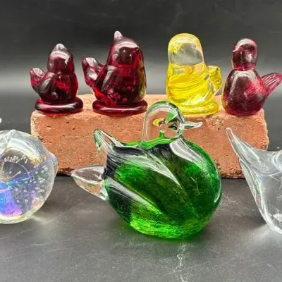 Vintage Murano Style Green Duck, Hand Blown Glass Bunny, Colored And Glass Figurines/paper Weights 