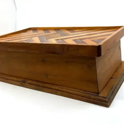 Inlaid Wood Keepsake Box w/ Geometric Chevron Marquetry – 17"