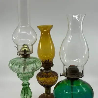 Vintage Cock Brand Amber Kerosene Lamp And Blue Kerosene Lamp (3pc Set)