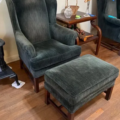 Vintage Green Velvet Wingback Chair with Matching Ottoman