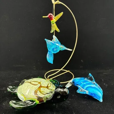 Hand-Blown Art Glass Turtle, Dolphin & Hummingbird Figurines – 3 Pc Collection