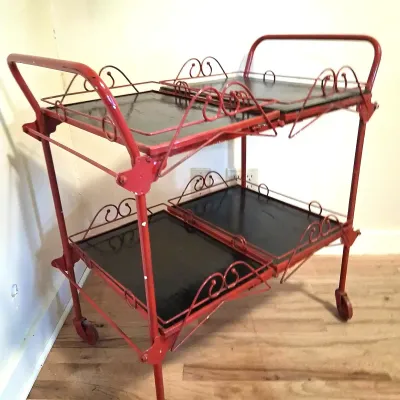 Vintage Red Metal Rolling Tea Cart / Bar Cart with Removable Trays