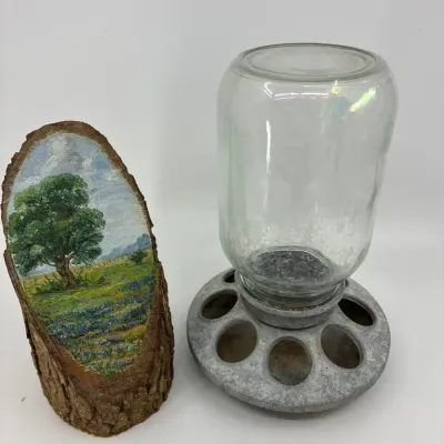 Vintage Galvanized Chick Feeder And Hand Painted Wood Slice