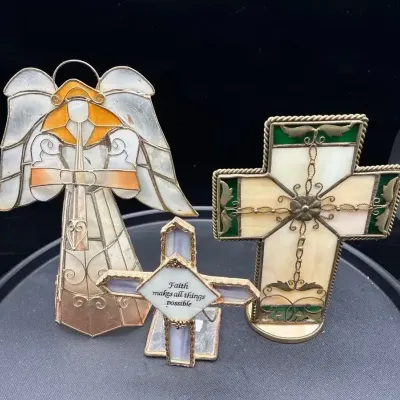Capiz Shell Angel & Stained Glass Cross Figurines – 4 Pc