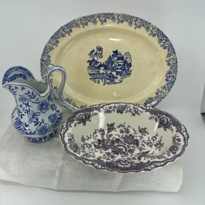 Vintage Blue & White Pitcher & Bristol Transferware Serving Pieces – 3 Pc
