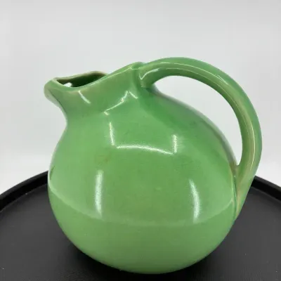 Vintage MCM Avocado Green Ceramic Tilt Ball Pitcher, Made by Hall, USA