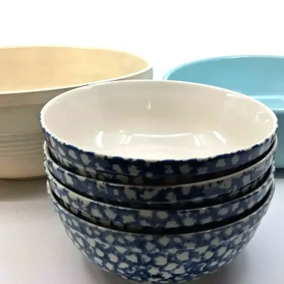 Gibson Blue Spongeware & Assorted Pottery Bowls – 6 Pc