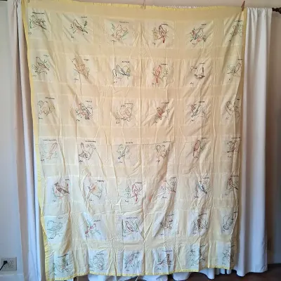 Vintage Hand-Embroidered State Bird Quilt Top – 79" x 61"