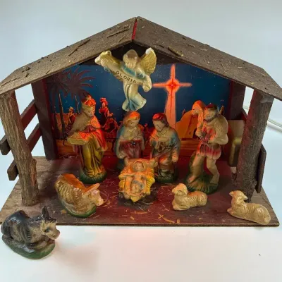 Vintage Mid-Century Lighted Wooden Nativity Set Japan