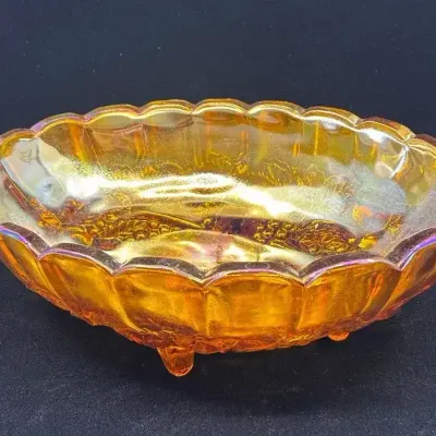 Vintage Indiana Glass Co. Amber Iridescent Carnival Glass Footed Oval Bowl  And Lidded Compote