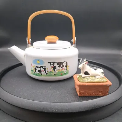 Vintage Enameled Metal Cow Tea Kettle and Trinket Box