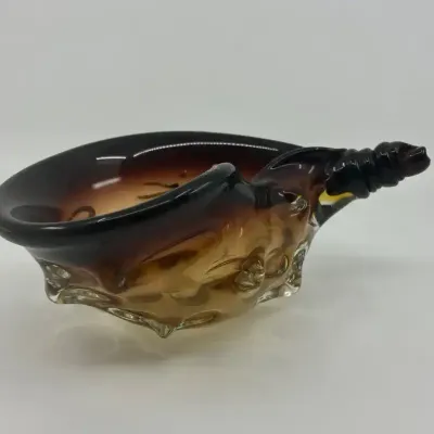 Vintage Mid-Century Hand Blown Amber Glass Conch Shell 8” Has Chip