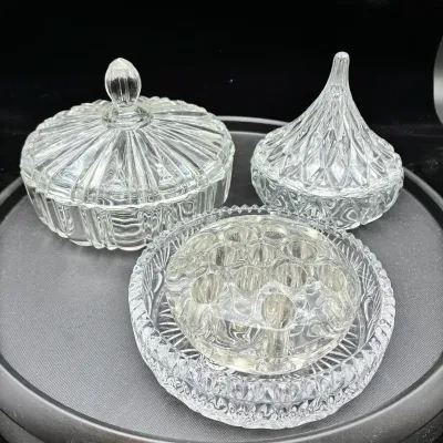Vintage Pressed Glass Vanity Dishes & Flower Frog – 3 Pc