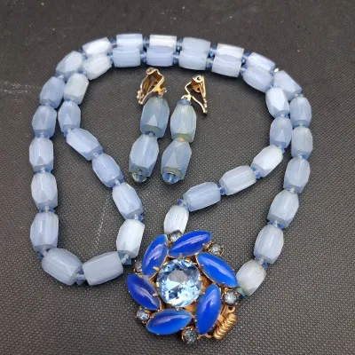 Vintage Blue Rhinestone Clasp Chunky Beaded Necklace And Earrings