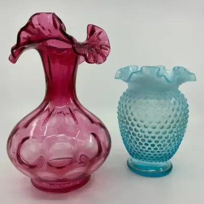 Vintage Fenton Cranberry Art Glass & Fenton Blue Opalescent Hobnail Double-Crimped Vace (2pc Set)