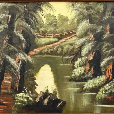 Original Vintage Wooded River Landscape Oil Painting – Signed Gypsie