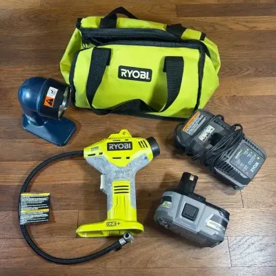 Ryobi Portable Cordless Inflator Model# P737, Flashlight #P700, 18v Battery #P193 & Charger #P118