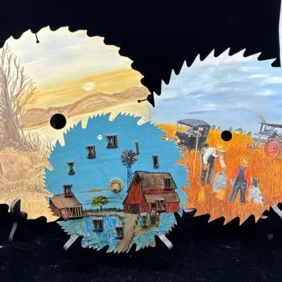 Hand-Painted Saw Blade Folk Art & Quartz Clock Collection – 3 Pc
