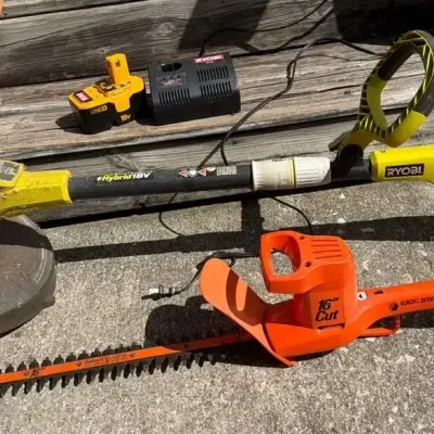 Ryobi 18V ONE+ Hybrid String Trimmer with Battery/Charger & Black & Decker Electric Hedge Trimmer