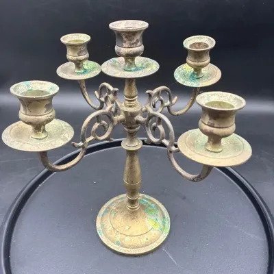 Vintage Mid-Century Five Light Cast Brass Candle Librum With Decorative Scroll Arms