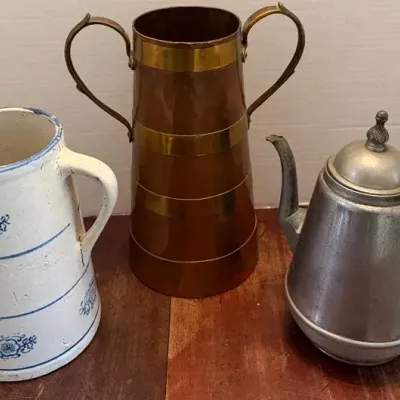 Stoneware Pitcher, Copper Measuring Vessel, & Antique Pewter Coffee Pot
