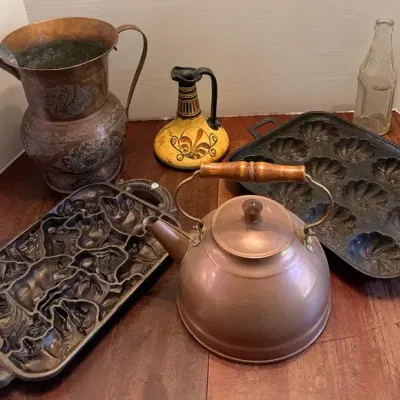 Kitchen Decor Lot - Cast Iron Molds, John Wright Mold, Copper Tea Pot