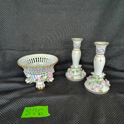 Footed Decorative Bowl And Two Candle Sticks