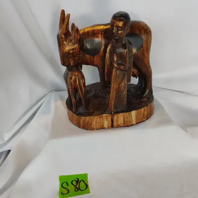 Hand carved Wood Sculpture Of Herdsman And Cows