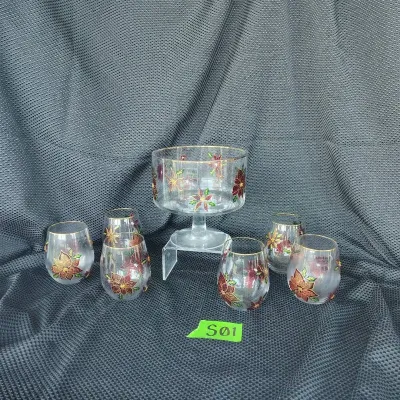 Hand painted Poinsettia Trifle Bowl And Stemless Wine Glasses