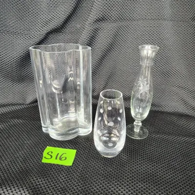 Three Decorative Clear Glass Vases