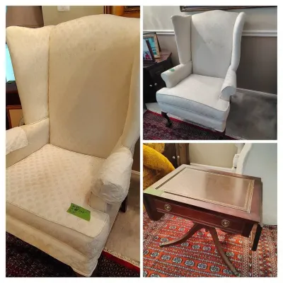Pair Of Ivory Wingback Chairs And A Flatware Storage Table