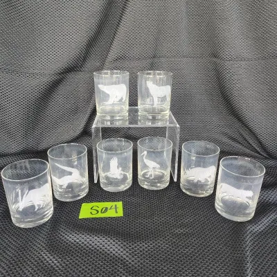 Vintage Set Of Eight Georg Jensen Etched Endangered Wildlife Animal Rocks Bar Glasses