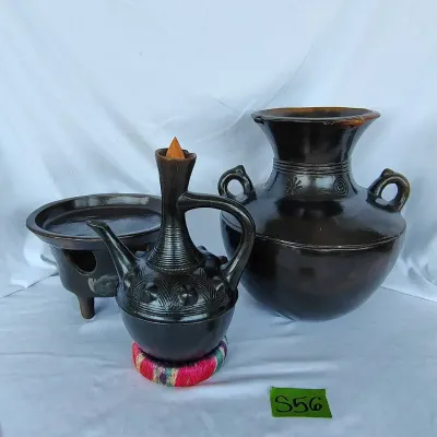 Large Ethiopian Clay Coffee Pot Set, Charcoal Stove, And Clay Water Jug