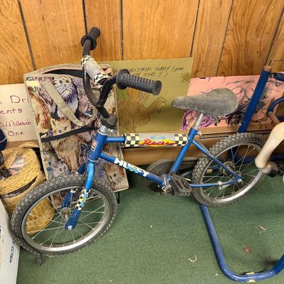 Vintage blue Huffy Blue Racer child's bicycle with checkered pads, showing some wear and dust from storage.