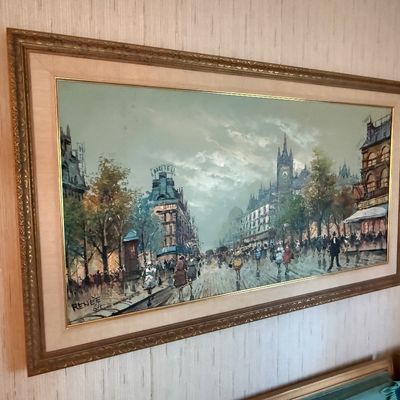 Mid-century oil painting depicting a bustling European street scene, signed "Renee '64" and housed in an ornate gilded...