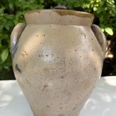 LUG HANDLED STONWARE JAR W/ WOOD LID
