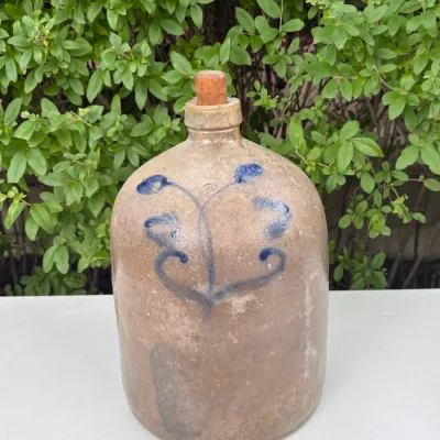 STONEWARE 2 GALLON JUG /MAKER UNKNOWN /COBALT FOLIATE PATTERN