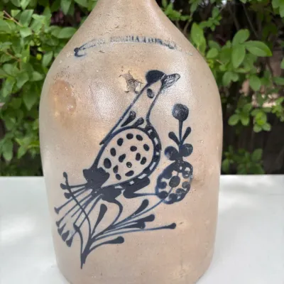 W.ROBERTS BINGHAMTON NEW YORK HANDLED JUG BIRD COBALT