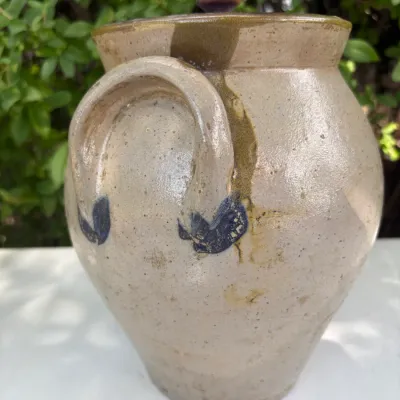 LUG HANDLED STONWARE JAR W/ WOOD LID
