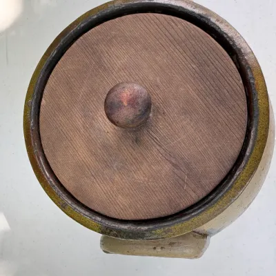 LUG HANDLED STONWARE JAR W/ WOOD LID