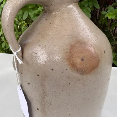 BERGAN FOY STONEWARE HANDLED JUG W/ BIRD COBALT PATTERN