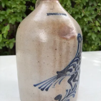 BERGAN FOY STONEWARE HANDLED JUG W/ BIRD COBALT PATTERN