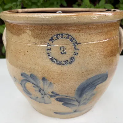 STONEWARE CROCK WITH LUG HANDLES, #2 GALLON N. CLARK, JR, ATHENS NY, FLORAL COBALT PATTERN