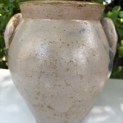 LUG HANDLED STONWARE JAR W/ WOOD LID