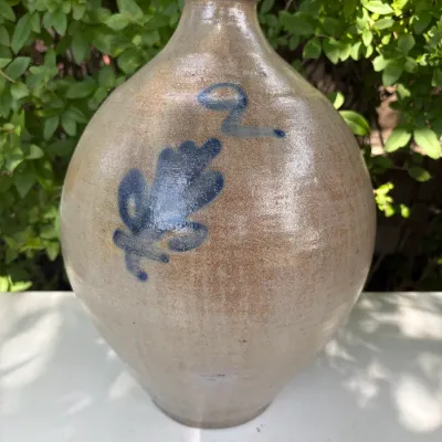 N. CLARK & CO. LYONS HANDLED JUG 2 GALLON LEAF & FLORAL COBALT PATTERN