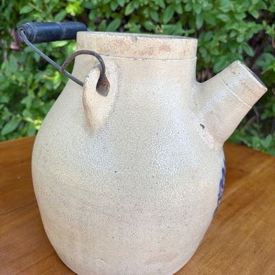 STONEWARE BATTER JUG W/LEAF COBALT/ WOOD & WIRE HANDLE