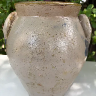 LUG HANDLED STONWARE JAR W/ WOOD LID