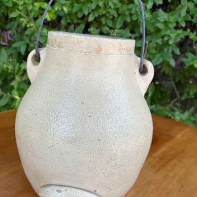 STONEWARE BATTER JUG W/LEAF COBALT/ WOOD & WIRE HANDLE